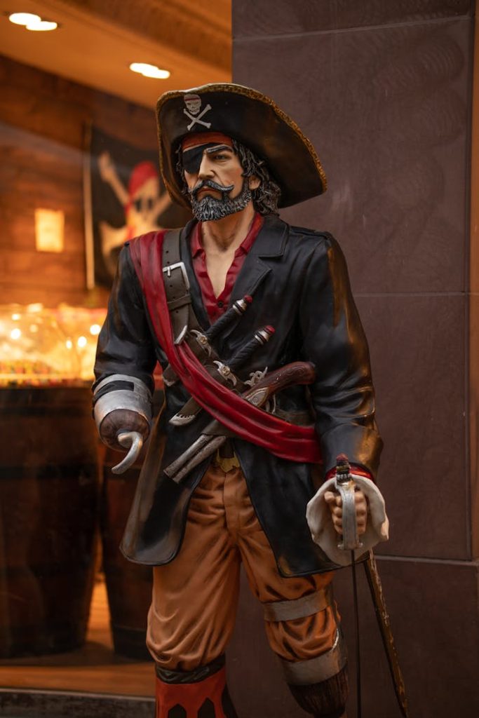 Close-up of a detailed pirate statue in Strasbourg, France.